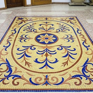 Handgemaakte bloemmotief glasmozaïek vloertegel, decoratieve vloerkunst, luxe glasmozaïek medaillon, aangepast formaat beschikbaar