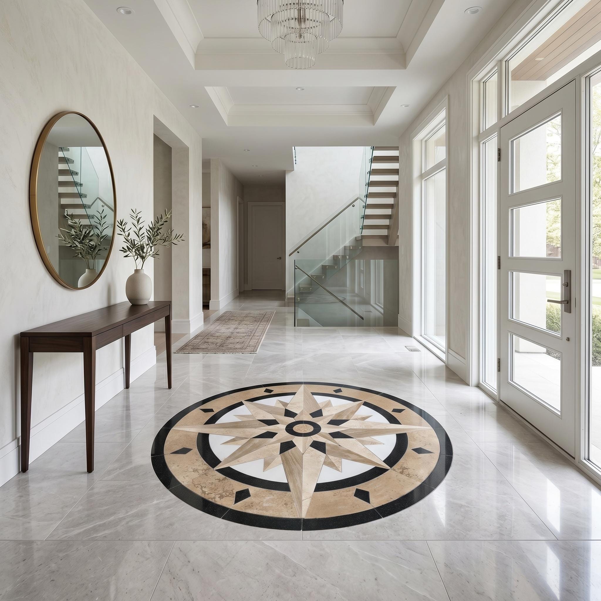 Handmade Marble Compass Rose Floor Medallion, Beige Black White Marble Inlay Mosaic Tile, Nautical Stone Floor Decor