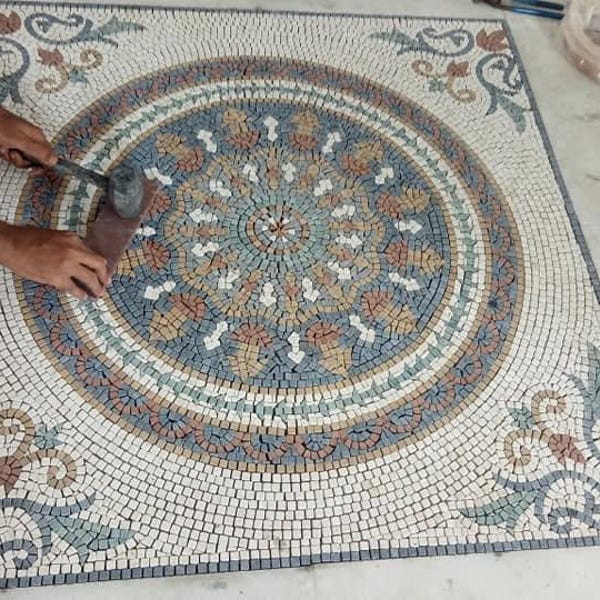 Square Marble Mosaic Floor Medallion, Handmade Floral Stone Mosaic Rug, Luxury Entryway Tile, Custom Geometric Floor Inlay Decor