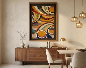 Arte de parede abstrata em mosaico de mármore, painel de mosaico de pedra feito à mão, decoração de parede geométrica contemporânea, obra de arte em mosaico moderna de luxo.