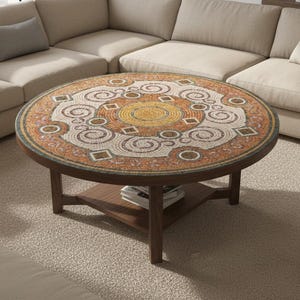 May include: A round coffee table with a mosaic tile top featuring a geometric pattern in shades of brown, beige, and yellow. The table has a dark brown wooden frame and a lower shelf. The table is surrounded by a beige sectional sofa.
