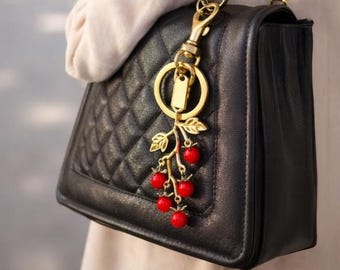 Porte-clés avec breloque pour sac tomate cerise, accessoire de sac à main en or ou en argent