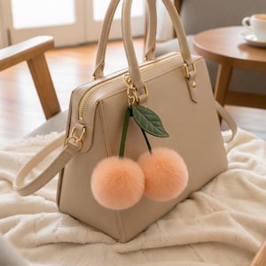 Op de afbeelding: Beige handtas met goudkleurige hardware, een handvat aan de bovenkant en een afneembare schouderriem. De tas heeft een kersvormige bedel met perzikkleurige pompons en een groen blad. De tas ligt op een witte deken.