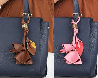 Charm de sac fleur en cuir de style coréen, porte-clés floral color block, accessoire pendentif de sac à main fait main