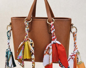 Bijou de sac bohème en cuir à pampilles et foulard en soie, accessoire de sac à main à bandoulière tressée