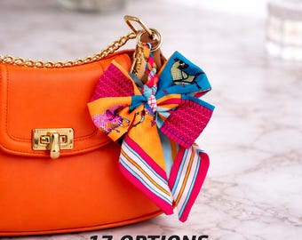 Colorful Silk Bag Charm Scarf, Luxury Handbag Accessory Bow, Designer Inspired Purse Twilly Wrap, Gift for Her Fashion Lover