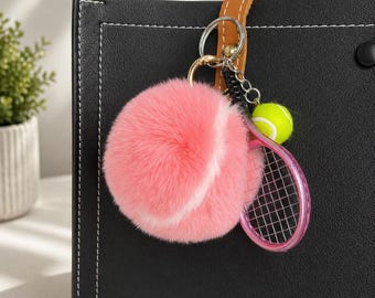 Porte-clés peluche balle de tennis rose, cadeau accessoire raquette sportive en peluche, balle de tennis rose