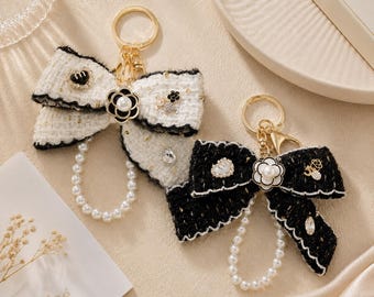 Tweed Noeud Porte-clés Perle Bracelet Charme Élégant Sac Pendentif De Luxe Porte-clés De Voiture Mignon Cadeau De Mode Accessoire pour Femmes Chic