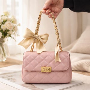 Gold Chain Bag Strap with Bow Detail, Luxury Quilted Purse Handle Accessory