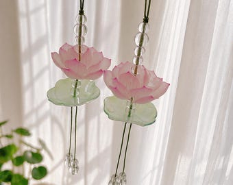 Glass Lotus Flower Bag Charm, Floral Keyring, Glass Garden Handmade Keyring, Fabric Strap Phone Charm with Lotus