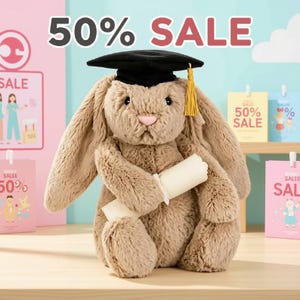 Puede incluir: Un conejo de peluche color canela con orejas largas que lleva un birrete negro con una borla dorada, sosteniendo un diploma blanco enrollado. El fondo muestra carteles con el texto 50% SALE e ilustraciones de personajes.