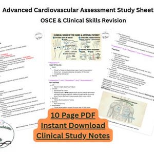 Op de afbeelding: Studiebladen getiteld "Advanced Cardiovascular Assessment Study Sheet" met de tekst "OSCE & Clinical Skills Revision". De bladen bevatten medische informatie, diagrammen en de tekst "10 Page PDF, Instant Download, Clinical Study Notes."