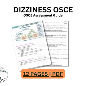 Könnte beinhalten: Ein weißes Dokument mit dem Titel "DIZZINESS OSCE OSCE Assessment Guide" mit einem Flussdiagramm und Text. Das Dokument ist mit "12 PAGES | PDF" gekennzeichnet und enthält ein Logo für ANPclinicalskills lab.