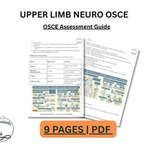 May include: A document titled "UPPER LIMB NEURO OSCE OSCE Assessment Guide" with detailed medical information. The document includes diagrams and text, with a logo in the lower left corner and a banner stating "9 PAGES | PDF".