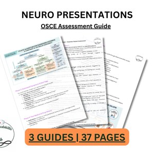 Könnte beinhalten: Dreiseitiges Dokument mit dem Titel "NEURO PRESENTATIONS OSCE Assessment Guide". Die Dokumente enthalten Diagramme und Text. Der untere Teil des Bildes lautet "3 GUIDES | 37 PAGES."