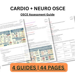 May include: A stack of white OSCE Assessment Guide pages with the title "CARDIO + NEURO OSCE". The image includes diagrams and text. An orange banner at the bottom reads "4 GUIDES | 44 PAGES". A logo is in the lower left corner.