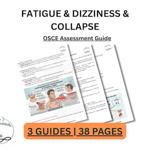 Könnte beinhalten: Drei OSCE-Bewertungsleitfäden mit dem Titel "FATIGUE & DIZZINESS & COLLAPSE". Die Leitfäden sind weiß mit schwarzem Text und Illustrationen. Das Bild enthält auch den Text "3 GUIDES | 38 PAGES" in einem orangefarbenen Rechteck.
