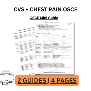 Könnte beinhalten: Ein weißes Dokument mit dem Titel "CVS + CHEST PAIN OSCE" und dem Text "OSCE Mini Guide". Das Dokument enthält medizinische Informationen und ist mit "2 GUIDES | 4 PAGES" gekennzeichnet. Ein Logo für ANPclinicalskills lab befindet sich in der unteren linken Ecke.