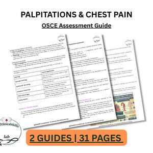 Peut inclure: Trois guides d'évaluation OSCE blancs sur fond blanc. Les guides sont intitulés "Palpitations & Douleur thoracique" et contiennent des informations médicales. L'image comprend également le texte "2 GUIDES | 31 PAGES" dans un rectangle orange.