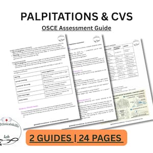 Peut inclure: Trois guides en papier blanc intitulés "Palpitations & CVS OSCE Assessment Guide" avec des informations médicales détaillées. Les guides sont empilés, celui du dessus en masquant partiellement d'autres. Le bas de l'image comporte un logo et une bannière indiquant "2 GUIDES | 24 PAGES".
