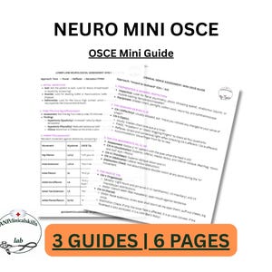 May include: A white paper titled "NEURO MINI OSCE" with the subtitle "OSCE Mini Guide." The guide includes text and diagrams for neurological assessment. The image also shows the text "3 GUIDES | 6 PAGES" in an orange rectangle.