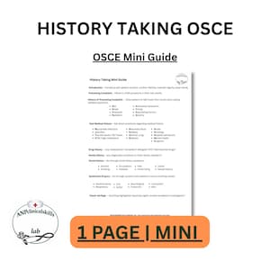 May include: A white document titled "History Taking OSCE" with a "OSCE Mini Guide" header. The document lists medical history topics. A logo for "ANPclinicalskills lab" is in the lower left, and an orange banner with "1 PAGE | MINI" is at the bottom.