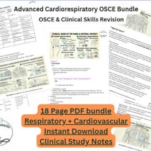 Op de afbeelding: Een verzameling klinische studienotities en diagrammen met betrekking tot geavanceerde cardiorespiratoire OSCE-vaardigheden. De bundel bevat een PDF van 18 pagina's met informatie over de ademhaling en het cardiovasculaire systeem. De tekst bevat "Advanced Cardiorespiratory OSCE Bundle".