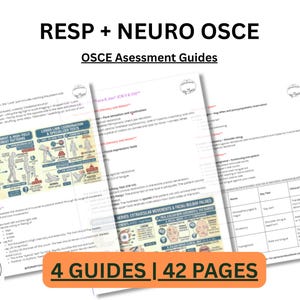 May include: A stack of four assessment guides titled "RESP + NEURO OSCE" and "OSCE Assessment Guides." The guides are white with black text and illustrations. The bottom guide has the text "4 GUIDES | 42 PAGES" in orange.