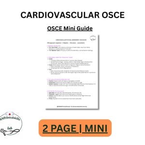 May include: A white document titled "Cardiovascular OSCE" with "OSCE Mini Guide" text. The document contains bulleted lists of medical information. Below the document is a logo and an orange rectangle with the text "2 PAGE | MINI".