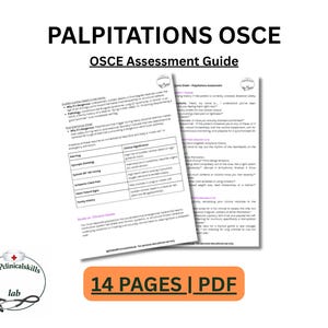 Peut inclure: Sur fond blanc, le texte "PALPITATIONS OSCE" et "OSCE Assessment Guide" sont affichés. Deux pages de notes sont visibles, avec une table des matières et des informations détaillées. L'image comprend également un logo et une bannière orange indiquant "14 PAGES | PDF."