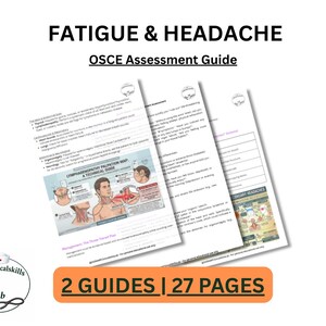 Può includere: Tre pagine bianche della Guida di valutazione OSCE con il titolo "FATIGUE & HEADACHE" e il testo "OSCE Assessment Guide". Le guide hanno illustrazioni e testo. La parte inferiore dell'immagine dice "2 GUIDES | 27 PAGES".