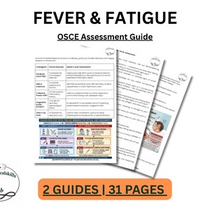 May include: Three white paper guides titled "Fever & Fatigue" and "OSCE Assessment Guide" are stacked. The guides contain medical information and illustrations. An orange banner at the bottom reads "2 GUIDES | 31 PAGES".