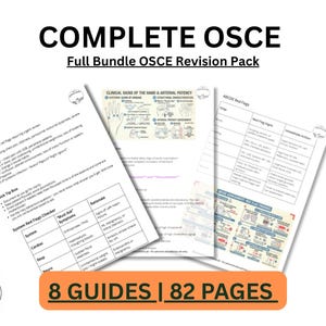 Könnte beinhalten: Ein Bündel medizinischer Lernhilfen mit dem Titel "COMPLETE OSCE" mit dem Text "Full Bundle OSCE Revision Pack". Das Bild zeigt mehrere Seiten mit medizinischen Informationen, darunter "Red Flags" und "Clinical Signs". Die Leitfäden sind mit "8 GUIDES | 82 PAGES" gekennzeichnet.