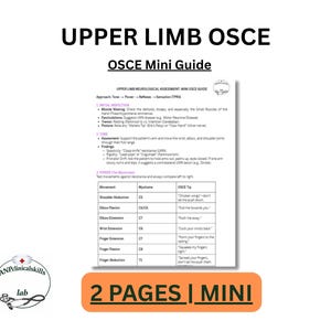 Könnte beinhalten: Ein weißes Dokument mit dem Titel "UPPER LIMB OSCE OSCE Mini Guide" mit detaillierten medizinischen Informationen. Das Dokument enthält Abschnitte zu Beurteilung, Tonus und Kraft. Das Bild zeigt auch ein Logo und den Text "2 PAGES | MINI".