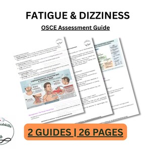 Op de afbeelding: Drie witte OSCE-beoordelingsgidsen over vermoeidheid en duizeligheid. De gidsen bevatten tekst en illustraties. De afbeelding bevat de tekst "2 GUIDES | 26 PAGES" in een oranje rechthoek. Een logo staat in de linker benedenhoek.