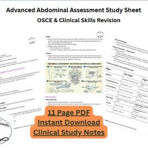 Op de afbeelding: Een witte studievel met de titel "Advanced Abdominal Assessment Study Sheet" met de tekst "OSCE & Clinical Skills Revision". De vel bevat diagrammen en tekst, met een logo in de linker benedenhoek. De tekst "11 Page PDF Instant Download Clinical Study Notes" is ook zichtbaar.