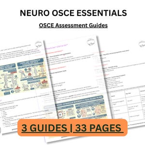 May include: Three white OSCE assessment guides titled "NEURO OSCE ESSENTIALS" with the text "OSCE Assessment Guides" at the top. The guides are stacked, with the top one partially obscuring the others. An orange banner at the bottom reads "3 GUIDES | 33 PAGES".