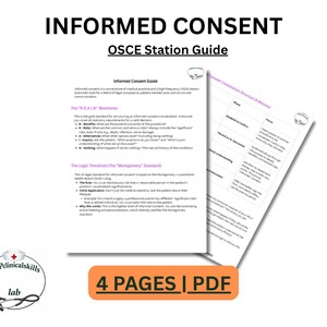 May include: A digital document titled INFORMED CONSENT OSCE Station Guide, featuring two white pages with black text and purple headings. The content outlines the B.R.A.I.N. mnemonic and the Montgomery Standard. A logo with a stethoscope is visible.
