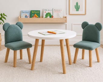 子供用木製テーブルとベルベット製子供用椅子（ピンクのクマ柄）、モンテッソーリ家具、幼児用テーブルと椅子のセット