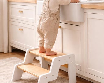 Taburete de madera Montessori, silla infantil personalizada, torre de aprendizaje para niños pequeños.