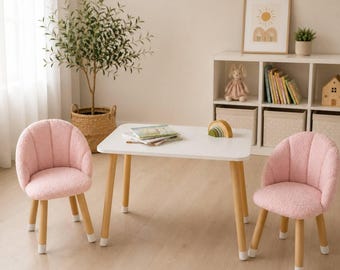 Montessori Kids Table and Chairs set, Pink Kids Sherpa Shell Chair, Handmade Furniture