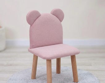 Pink Velvet Kids Chair Bear, Montessori learning chair, Handmade Furniture for Children