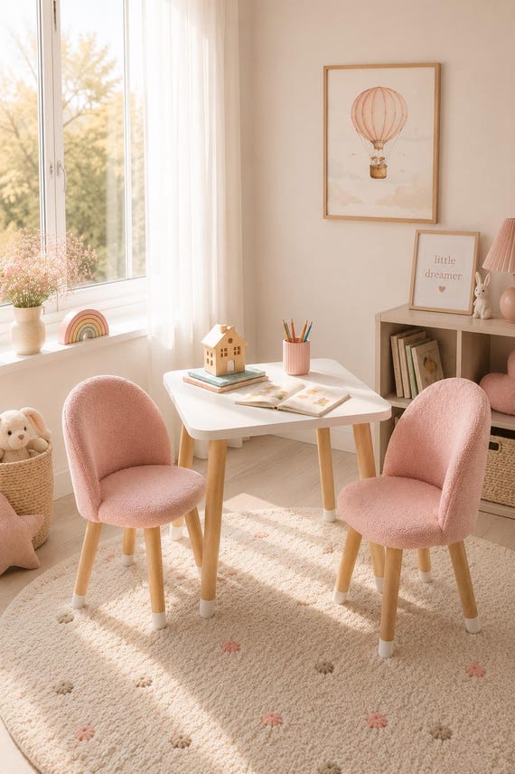 Rosa weiche Kinder Sessel und Tisch, Kleinkind Tisch und Stuhl, handgefertigte Möbel