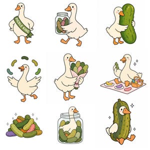Pode incluir: Uma coleção de nove ilustrações de desenhos animados com gansos brancos interagindo com picles verdes. As cenas incluem um ganso com uma faixa escrita PICKLE KING, segurando potes, abraçando um picles grande, fazendo malabarismos e usando um traje.