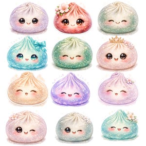 May include: A collection of twelve round, glittery dumpling characters with expressive faces, large eyes, and small smiles. Each dumpling features unique pastel colours, some adorned with small floral accents, a blue bow, or a golden crown, all rendered with a sparkling, shimmering texture.