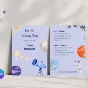 Könnte beinhalten: Einladung zum Geburtstag mit Weltraum-Thema in hellem Lila. Die Einladung zeigt Aquarell-Illustrationen von Planeten, Sternen und einem Teleskop. Der Text enthält "Blast Off Birthday Party" und Party-Details. Eine Astronauten-Grafik ist ebenfalls enthalten.