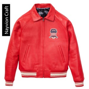 May include: A bright red leather jacket with a zip-up front, collar, and a patch on the chest. The jacket has white and red striped cuffs and hem. The text "Navyion Craft" is on the left side of the image.