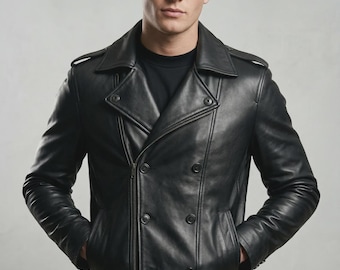 Men’s Black Leather Biker Jacket – Double Breasted Slim Fit Moto Rocker Style