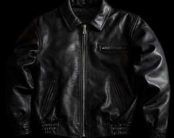 Vintage 1980s Cowhide Leather Bomber Jacket Black Boxy Fit Retro Biker Oversized Streetwear Jacket