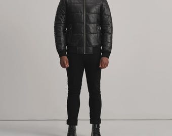 Zwart leren gewatteerd bomberjack heren gewatteerde bikerjas, luxe streetwearjack